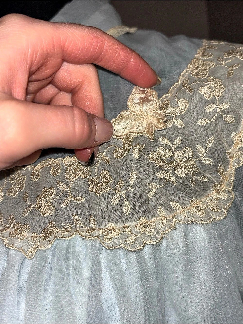 Vintage Miss Siren Blue Sheer Bed Jacket Lace Embroidered Bow Robe Coquette - Picture 3 of 12